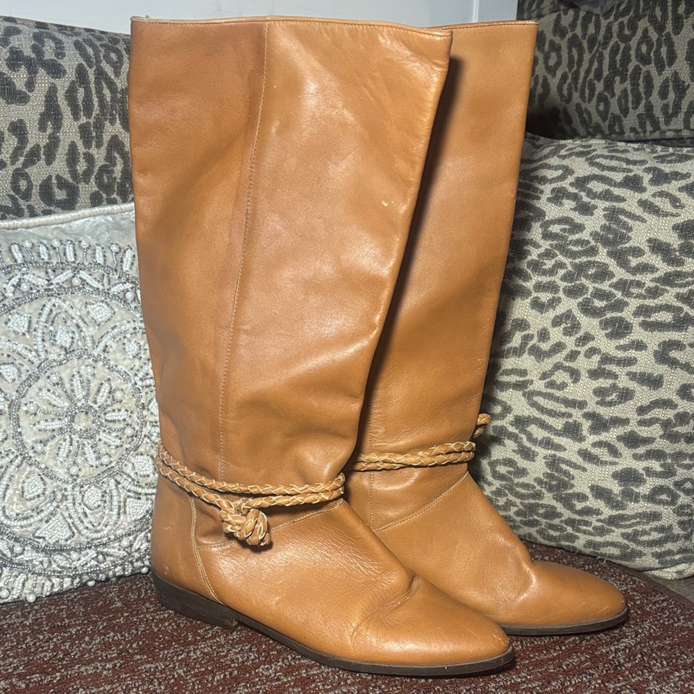 Cognac Tan Leather Boots slouchy harness boots knee high scrunchy boot 8.5 brown